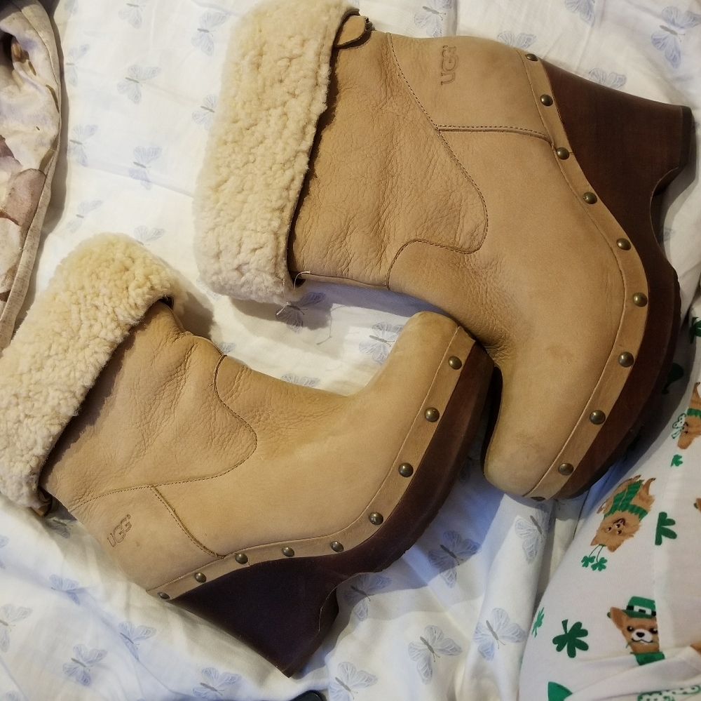 UGG Tan Heeled Boots with Shearling Cuff